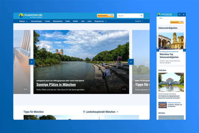 Ansicht der Website des Stadtportals muenchen.de als Mockup in der Desktop-Ansicht